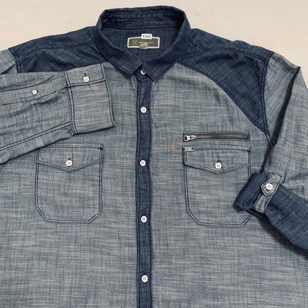 INC Men's XXL Blue Chambray Two Tone Button Up Roll Tab Long Sleeve Cotton Shirt